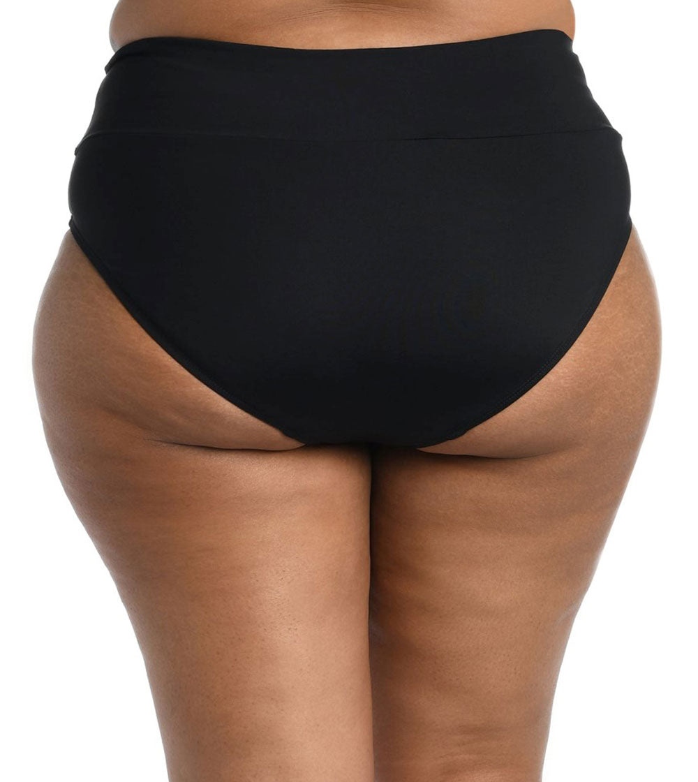 24th & Ocean: Plus Size Solid Mid Waist Spliced Bikini Bottom - BLACK