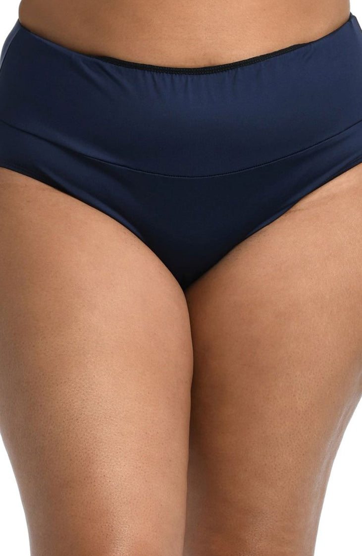 24th & Ocean: Plus Size Solid Mid Waist Spliced Bikini Bottom - MIDNIGHT