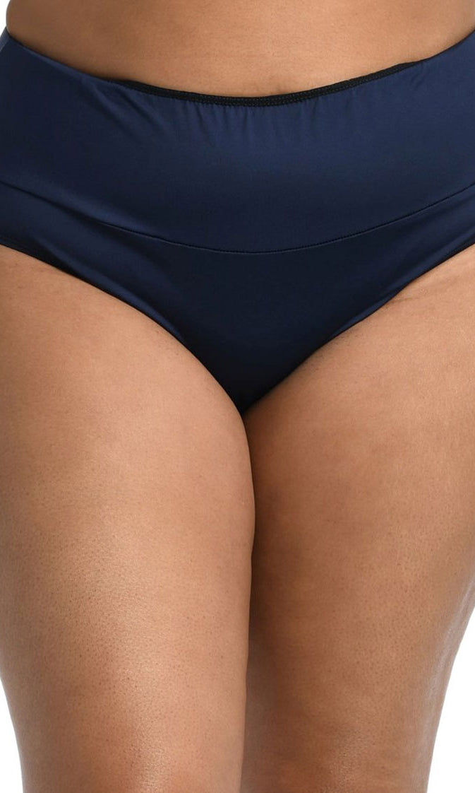 24th & Ocean: Plus Size Solid Mid Waist Spliced Bikini Bottom - MIDNIGHT