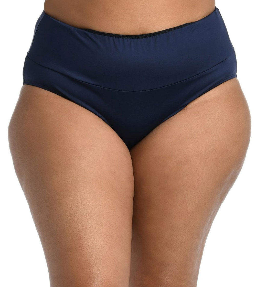 24th & Ocean: Plus Size Solid Mid Waist Spliced Bikini Bottom - MIDNIGHT