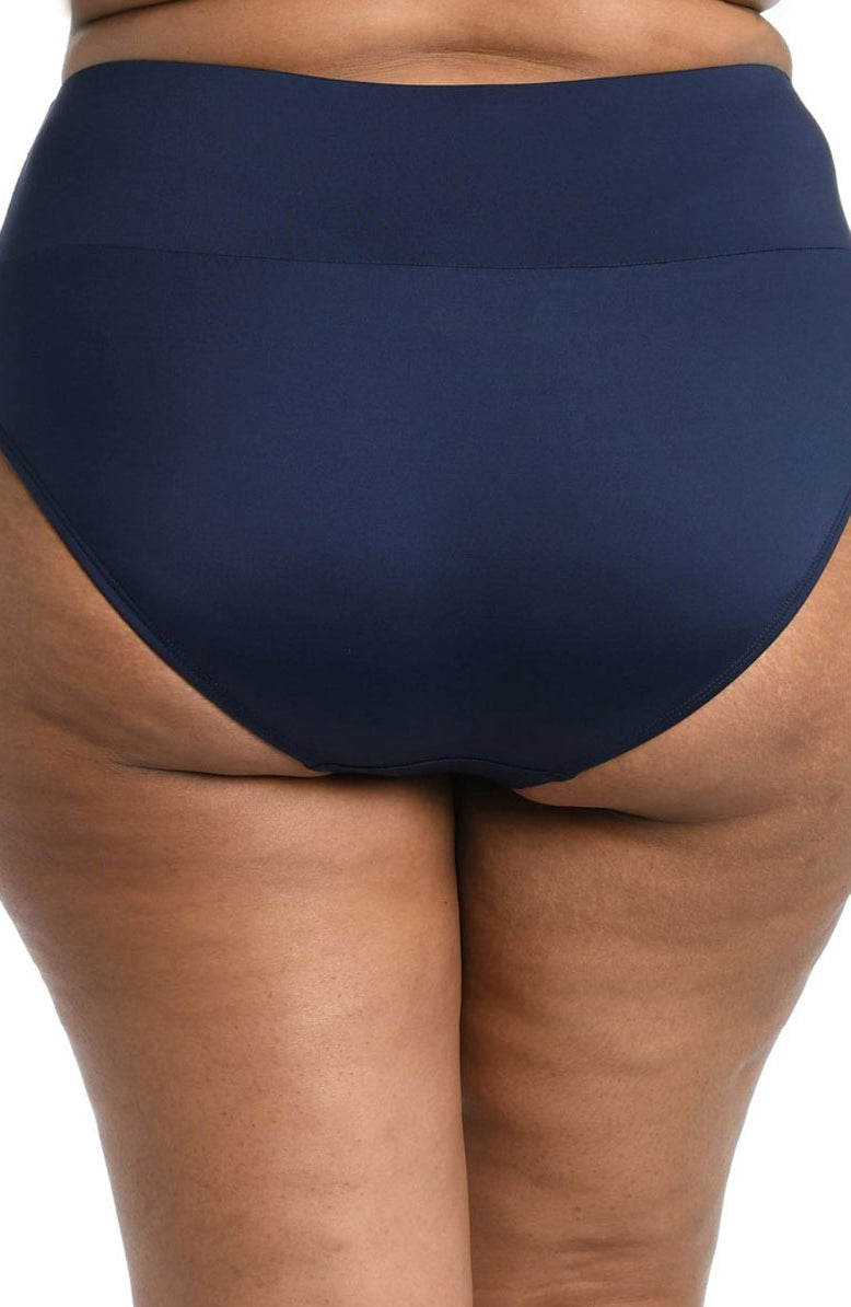 24th & Ocean: Plus Size Solid Mid Waist Spliced Bikini Bottom - MIDNIGHT