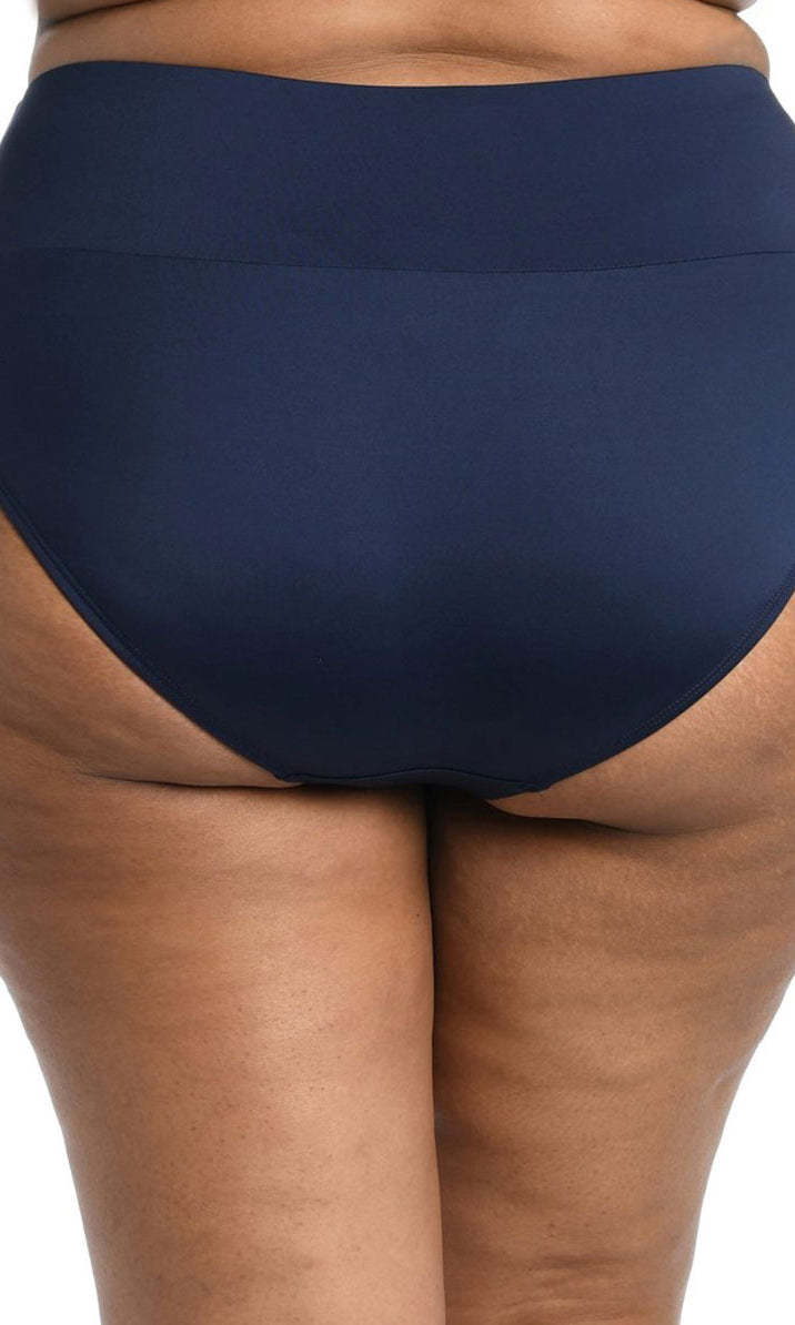 24th & Ocean: Plus Size Solid Mid Waist Spliced Bikini Bottom - MIDNIGHT