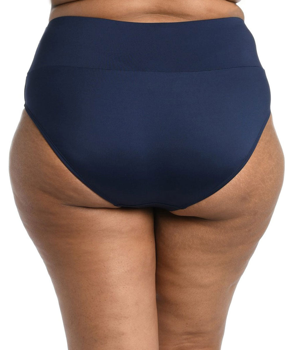 24th & Ocean: Plus Size Solid Mid Waist Spliced Bikini Bottom - MIDNIGHT