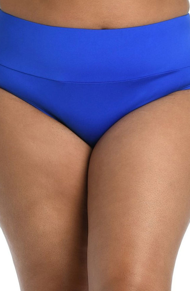 24th & Ocean: Plus Size Solid Mid Waist Spliced Bikini Bottom - SAPPHIRE