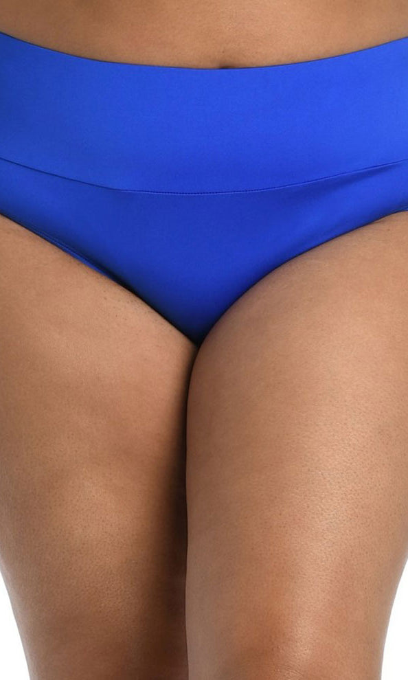 24th & Ocean: Plus Size Solid Mid Waist Spliced Bikini Bottom - SAPPHIRE