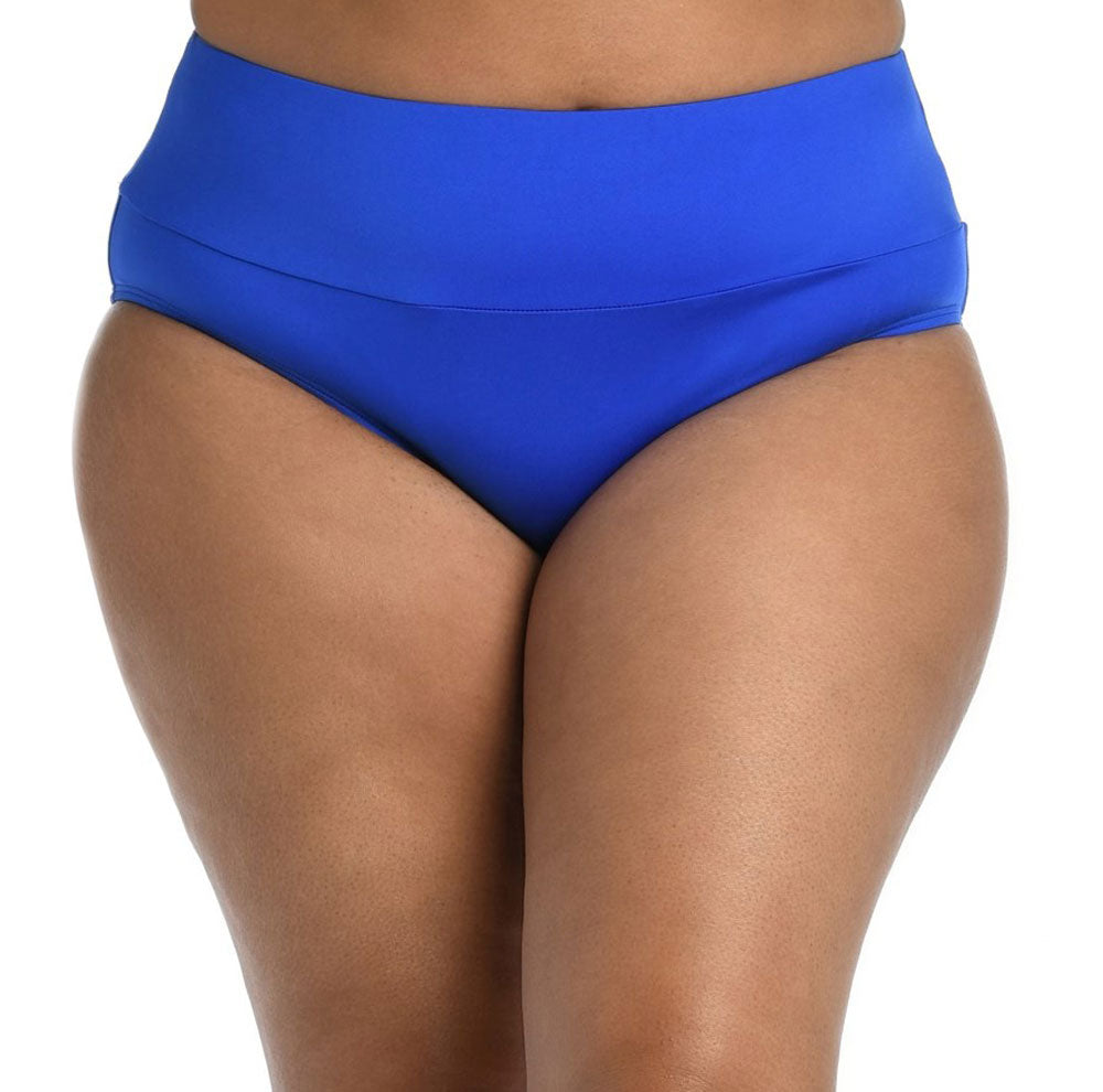 24th & Ocean: Plus Size Solid Mid Waist Spliced Bikini Bottom - SAPPHIRE