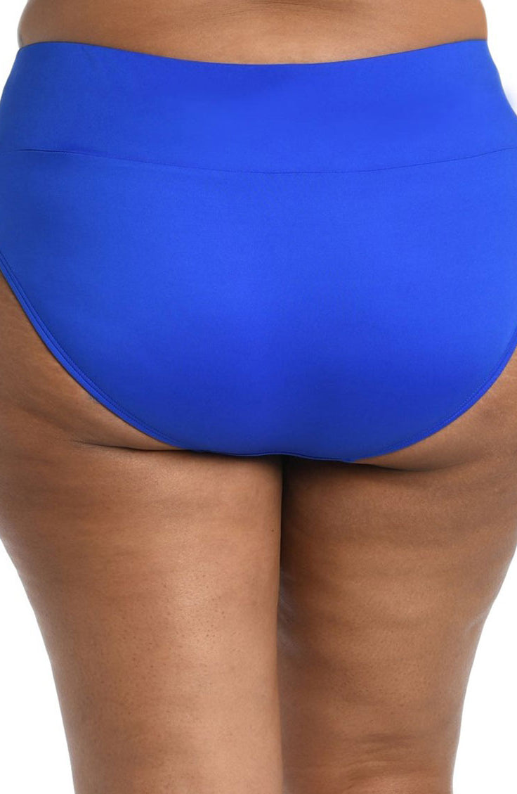 24th & Ocean: Plus Size Solid Mid Waist Spliced Bikini Bottom - SAPPHIRE