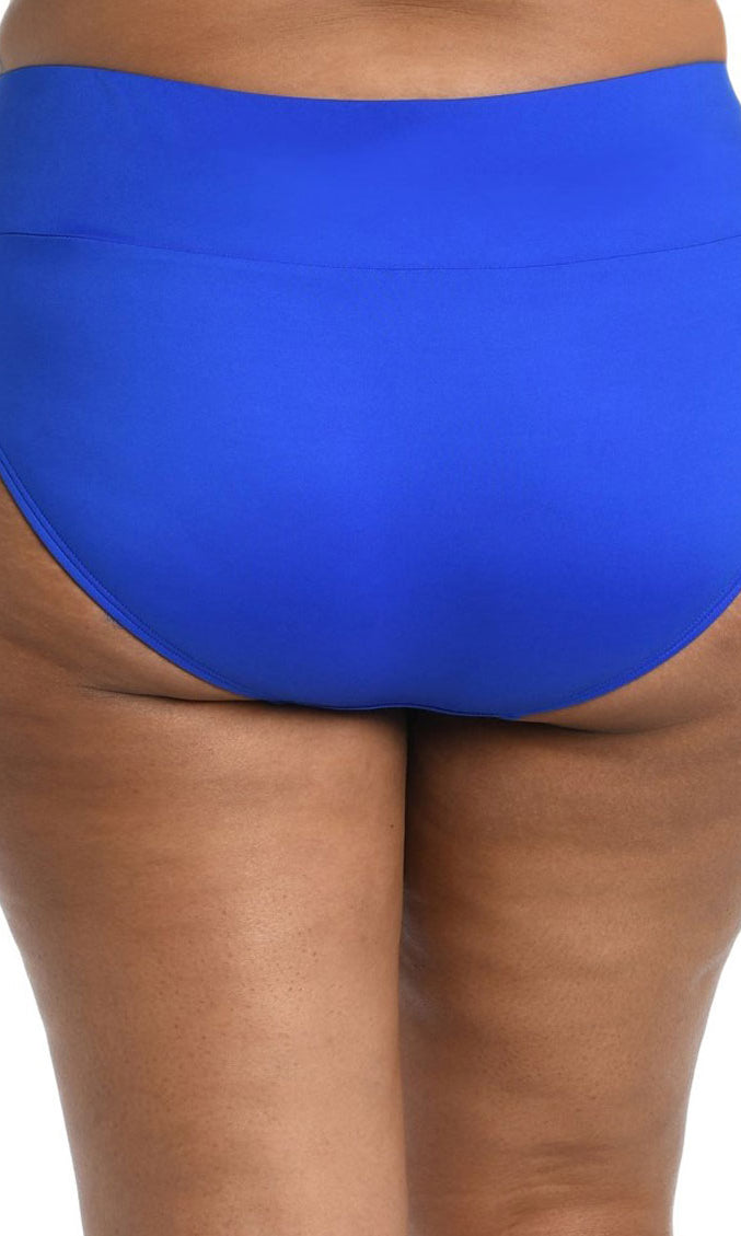 24th & Ocean: Plus Size Solid Mid Waist Spliced Bikini Bottom - SAPPHIRE