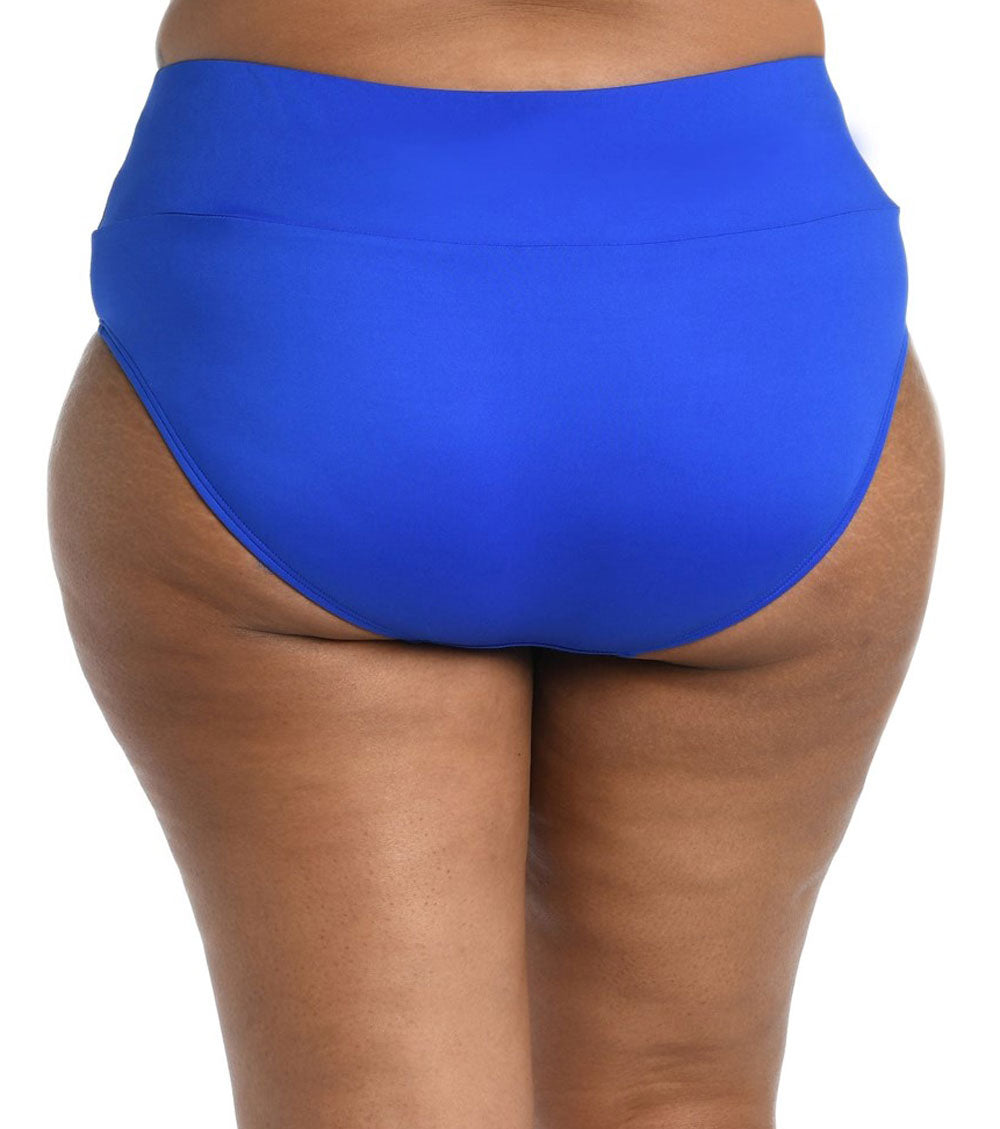 24th & Ocean: Plus Size Solid Mid Waist Spliced Bikini Bottom - SAPPHIRE