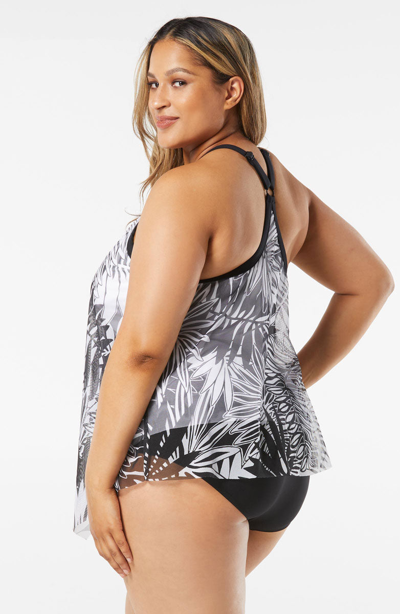 Beach House: Plus Abstract Palm Kerry Mesh Layer Tankini Top - BLACK