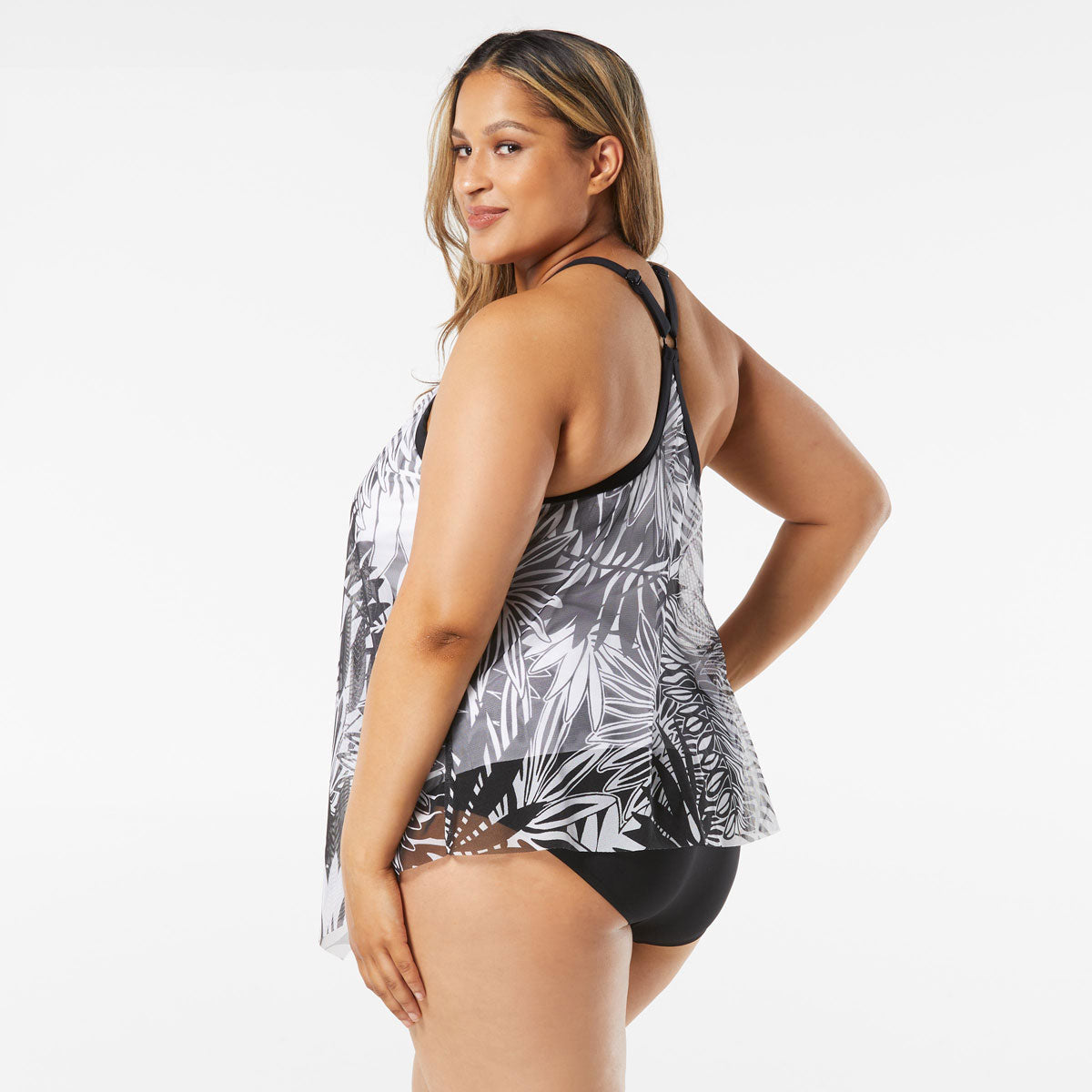 Beach House: Plus Abstract Palm Kerry Mesh Layer Tankini Top - BLACK