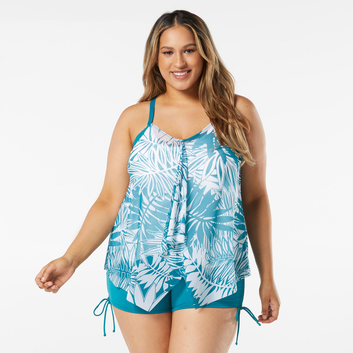 Beach House: Plus Abstract Palm Kerry Mesh Layer Tankini Top - LAGOON
