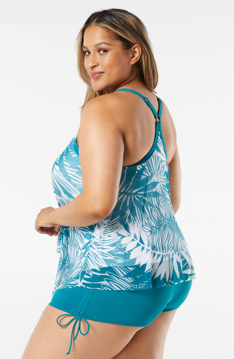 Beach House: Plus Abstract Palm Kerry Mesh Layer Tankini Top - LAGOON