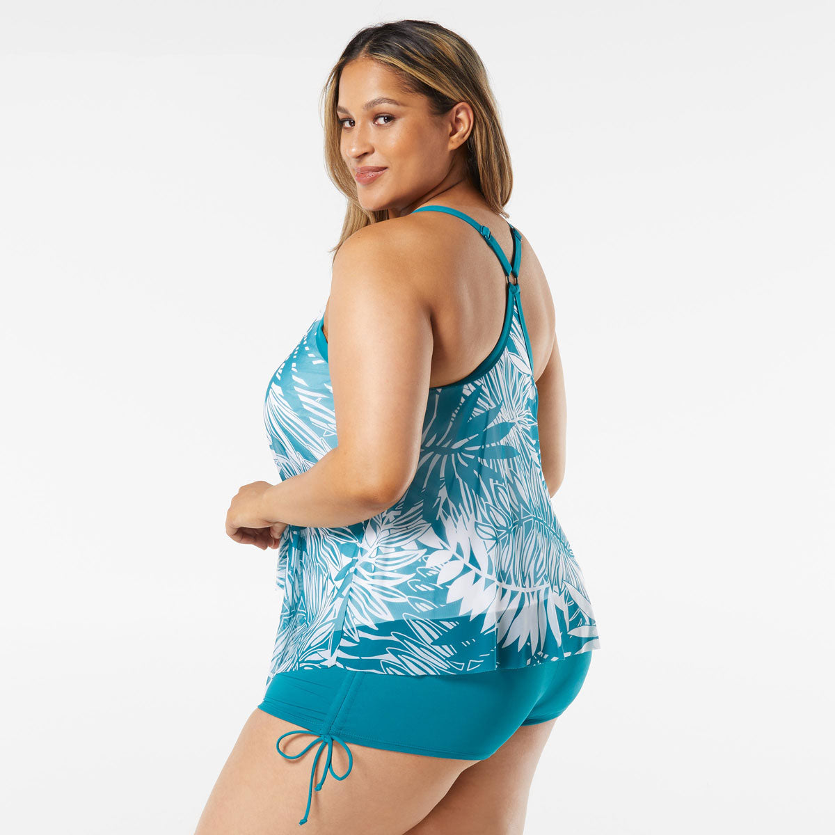 Beach House: Plus Abstract Palm Kerry Mesh Layer Tankini Top - LAGOON