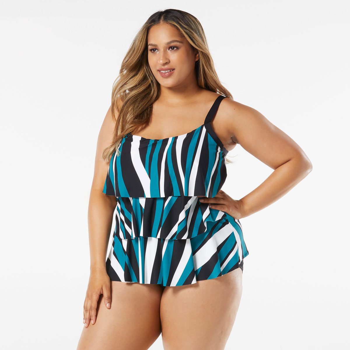 Beach House: Plus Wave Pool Stripe Jane Ruffle Tiered Tankini Top