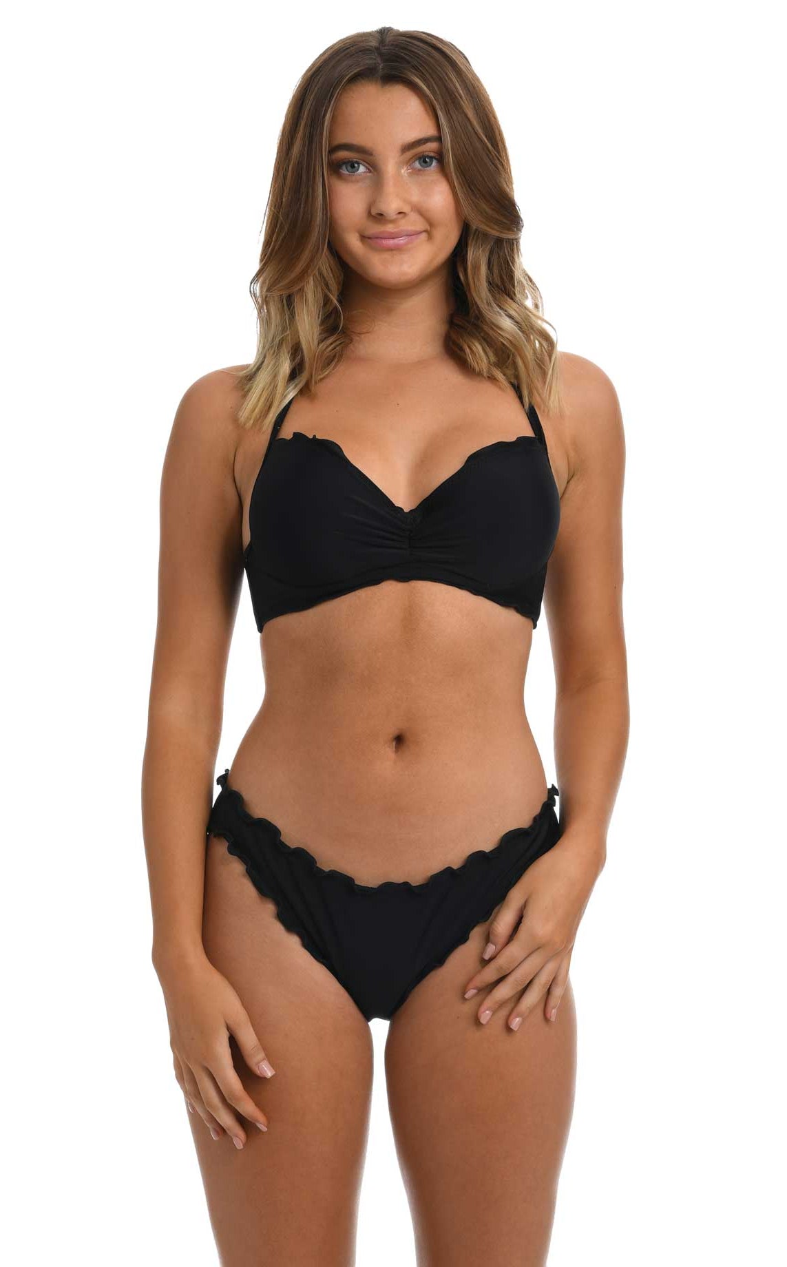 Hobie: Solids Push Up Ruffled Underwire Bra - BLACK