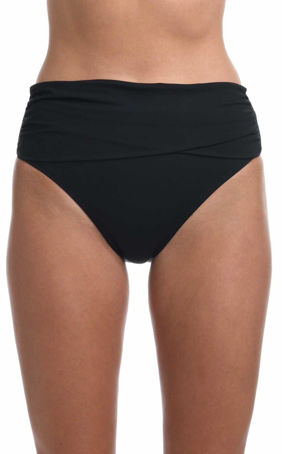 La Blanca: Island Goddess Solid Mid Waist Sash Bikini Bottom - BLACK