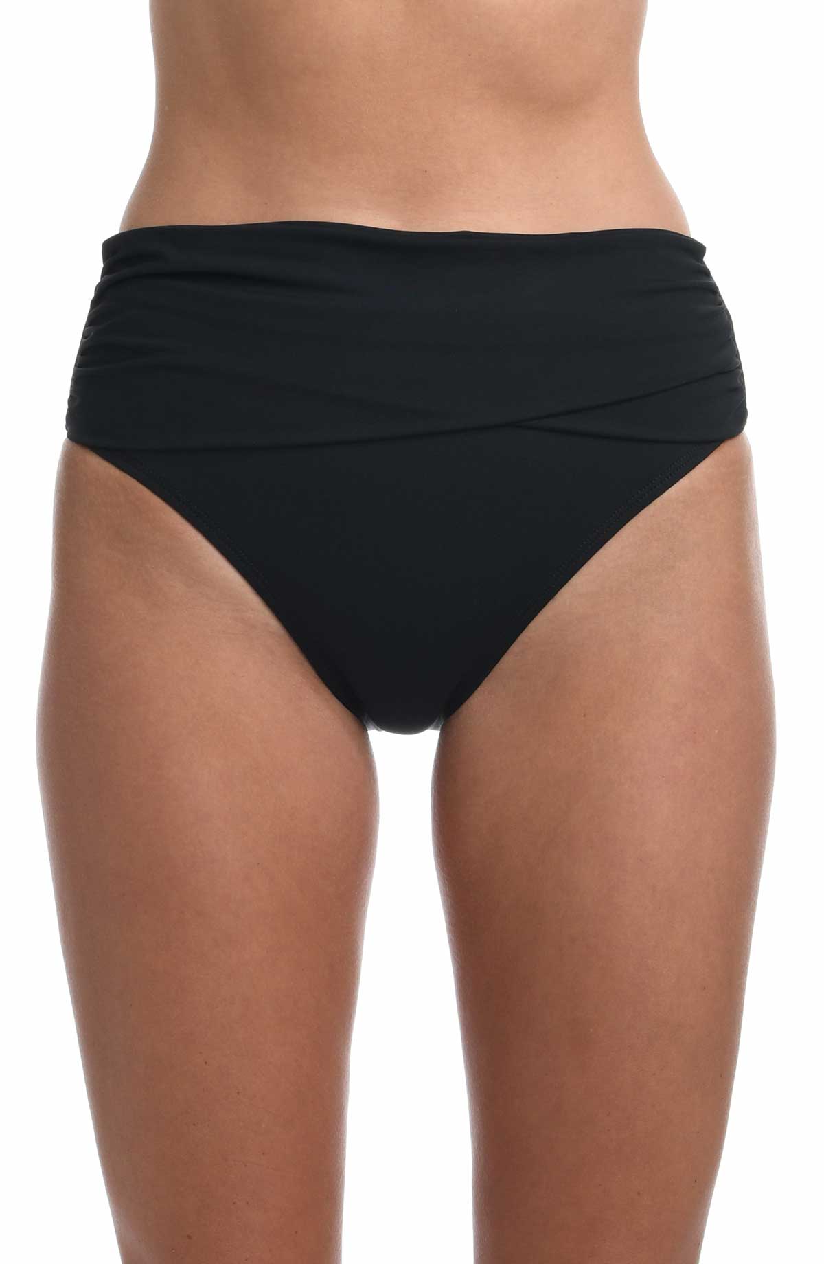 La Blanca: Island Goddess Solid Mid Waist Sash Bikini Bottom - BLACK