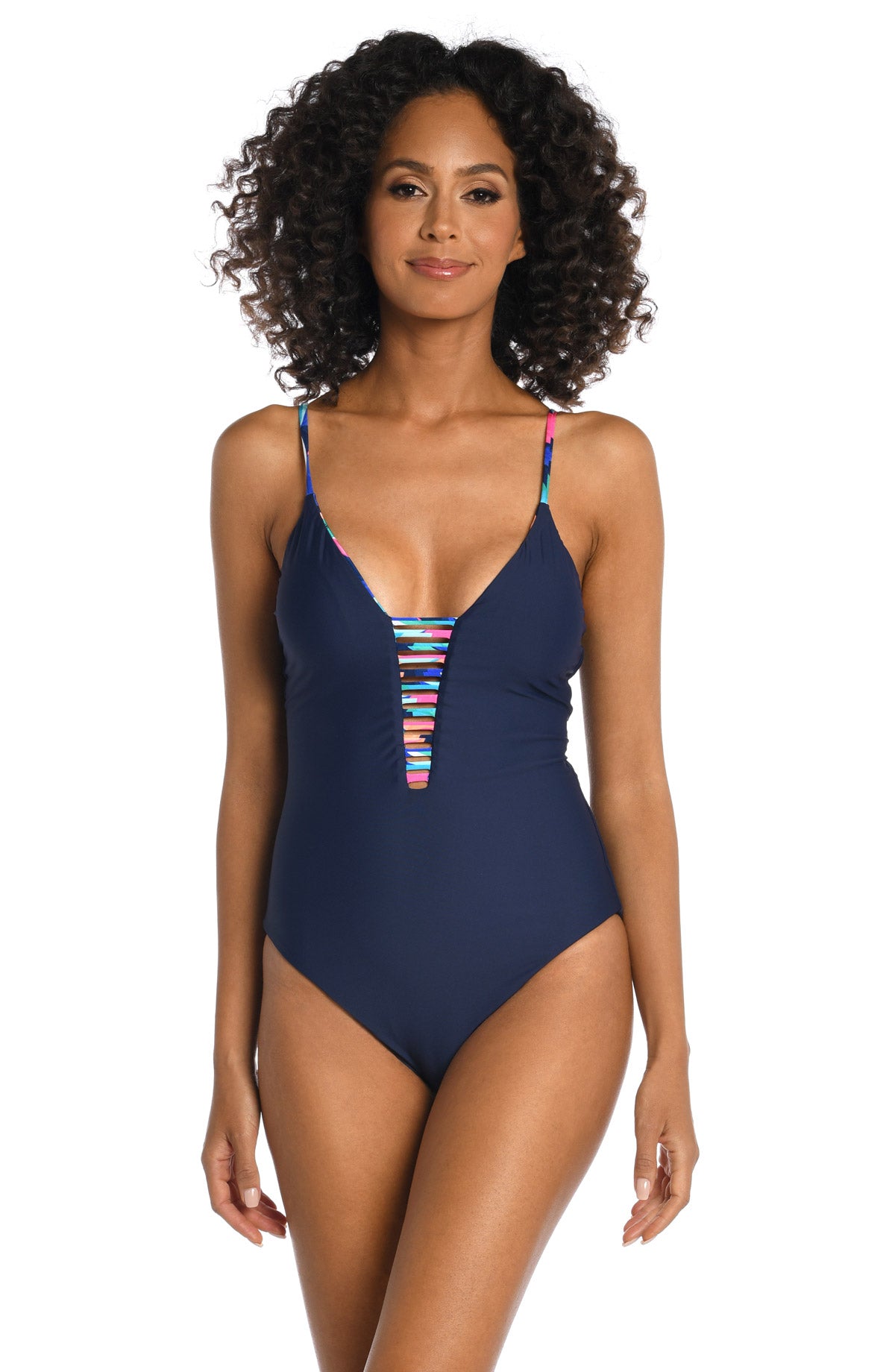 La Blanca: One Piece Painted Leaves Reversible Plunge