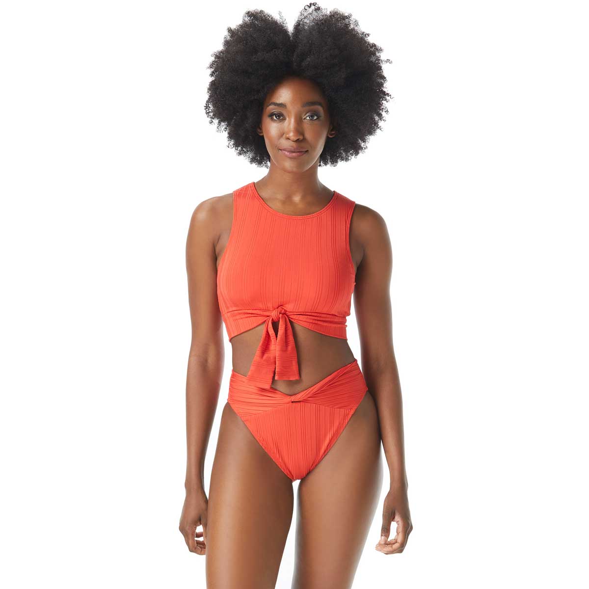 VINCE CAMUTO: RIPPLE EFFECT TIE FRONT CROPPED BIKINI TOP - RED SUN