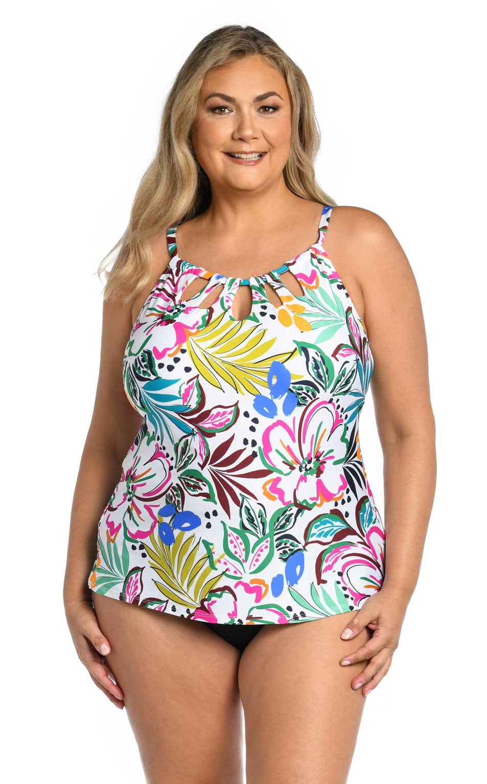 24th & Ocean: Plus Size Sketched Flora Cutout High Neck Tankini Top