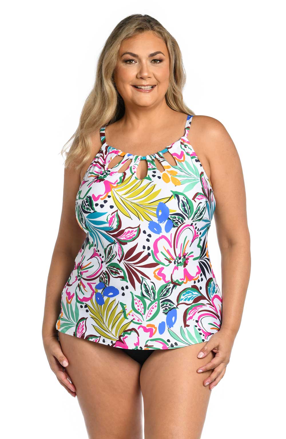 24th & Ocean: Plus Size Sketched Flora Cutout High Neck Tankini Top