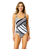 Anne Cole: One Piece Bardot Stripe Classic Ring Strap Mio Swimsuit