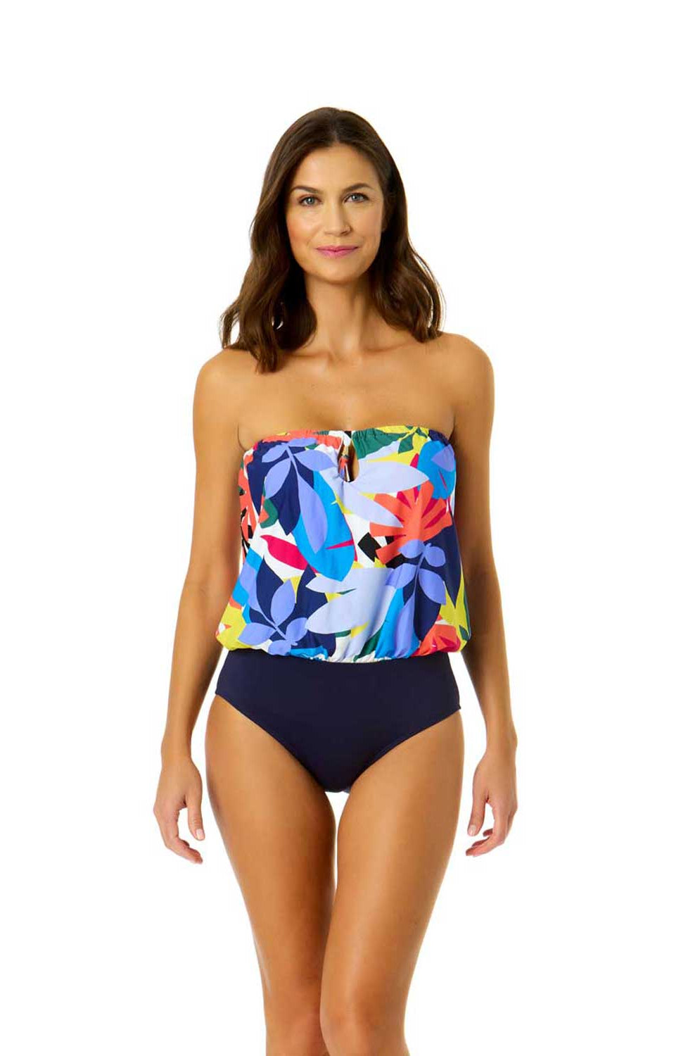 Anne Cole: One Piece Tropic Stamp Bandeau Blouson Swimsuit