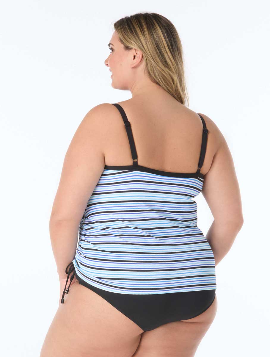 Beach House: Plus Size Resort Stripe Shirred Side Underwire Tankini Top - BLK MLT