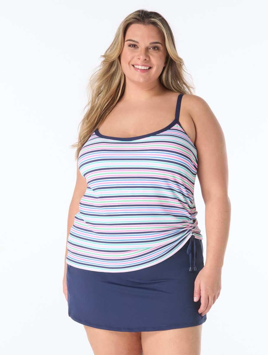 Beach House: Plus Size Resort Stripe Shirred Side Underwire Tankini Top