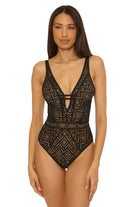 Becca: One Piece Color Play Crochet Plunge - BLK/TAN