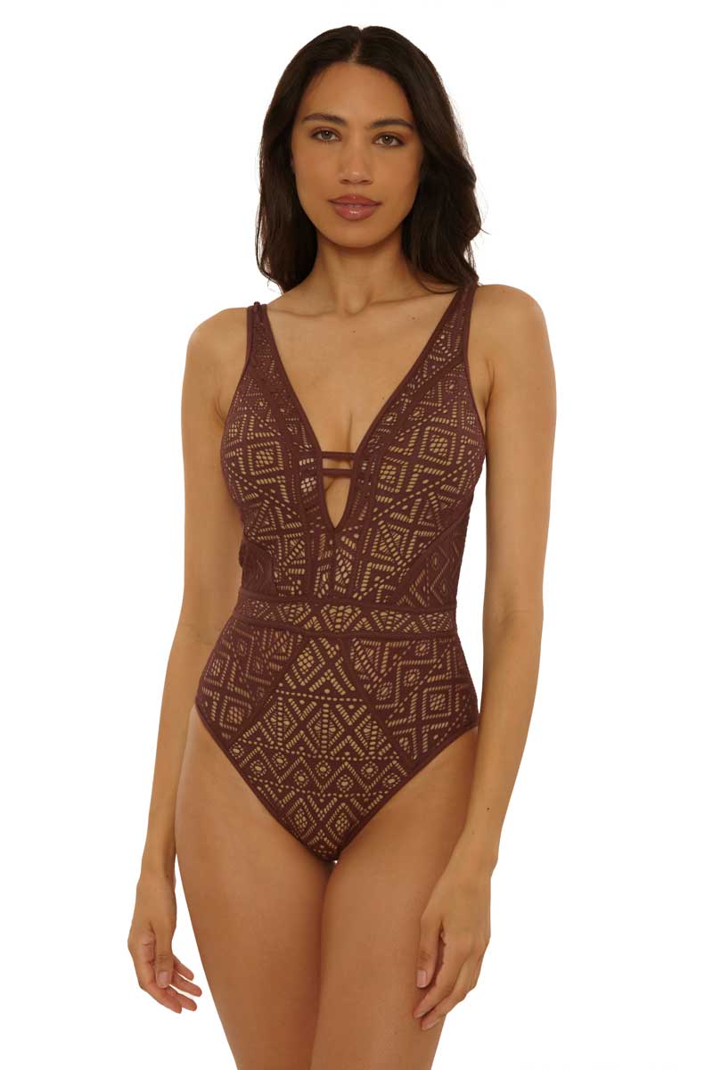 Becca: One Piece Color Play Crochet Plunge - MOCH/TAN
