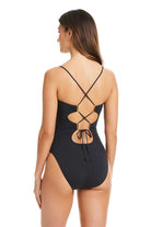 Bleu: One Piece Do It Sexy Solid Laceback Tank Mio Swimsuit - BLACK