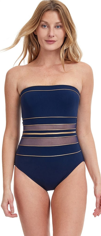 Gottex: One Piece Essentials Onyx Mesh Insert Bandeau Swimsuit - NVY/GOLD