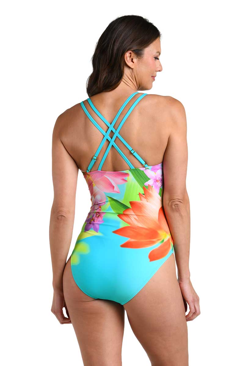 La Blanca: One Piece Sunset Botanica Underwire Multistrap Keyhole Swimsuit