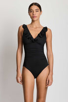 Lauren: One Piece Beach Club Solids Ruffle Surplice Swimsuit - BLACK