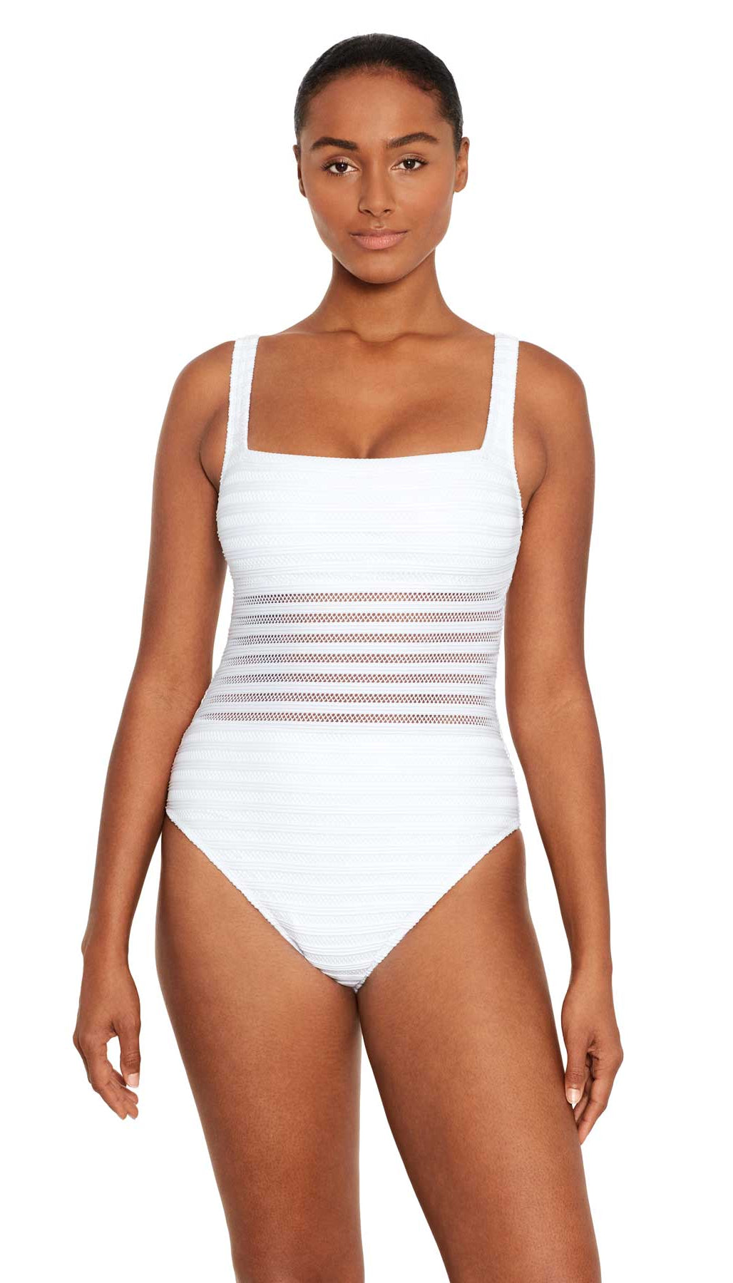 Lauren: One Piece Ottoman Mesh Solid Square Neck Swimsuit - WHITE