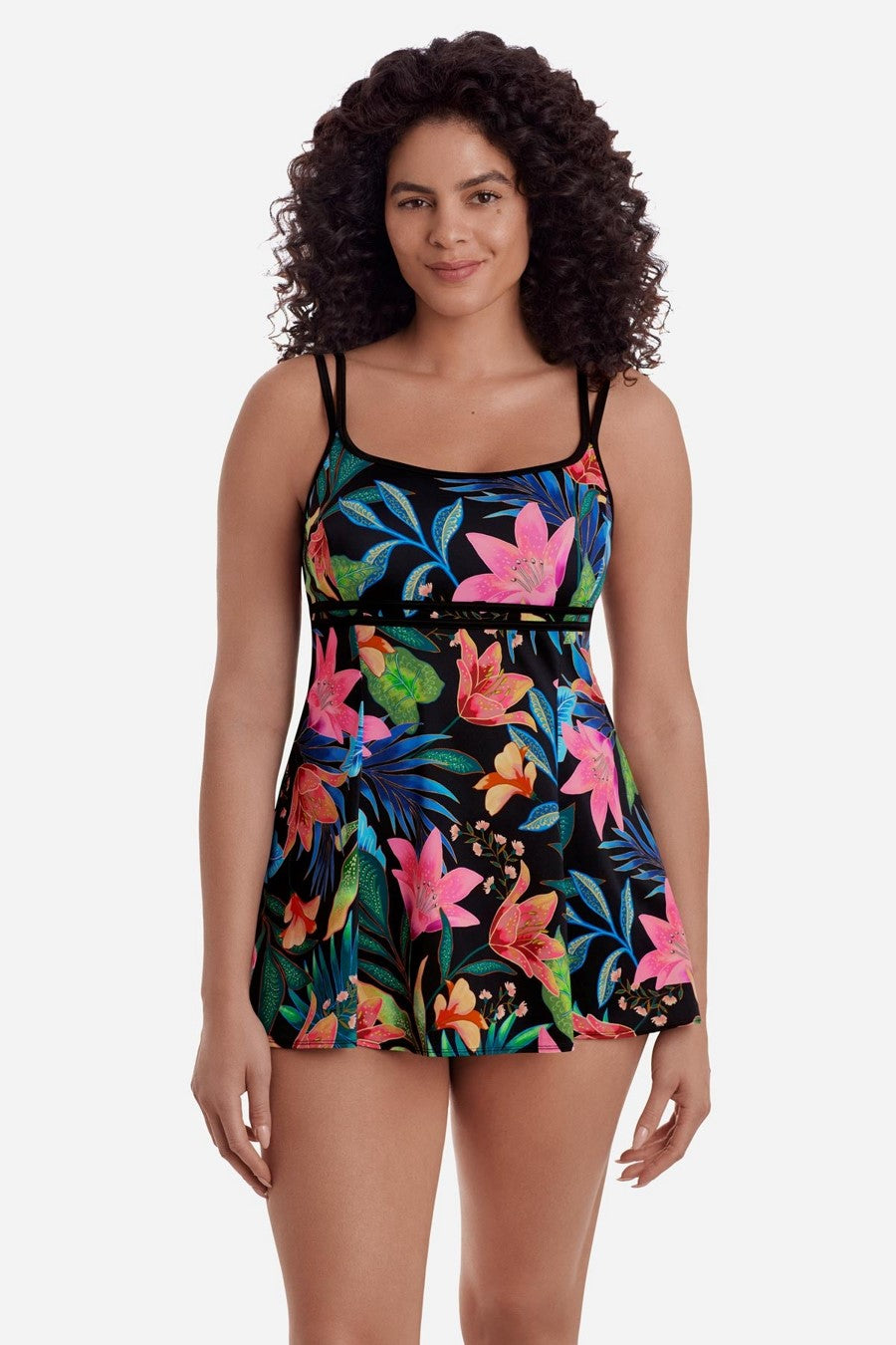 Longitude: one Piece Midnight Plumeria Long Torso Empire Princess Seam Swimdress