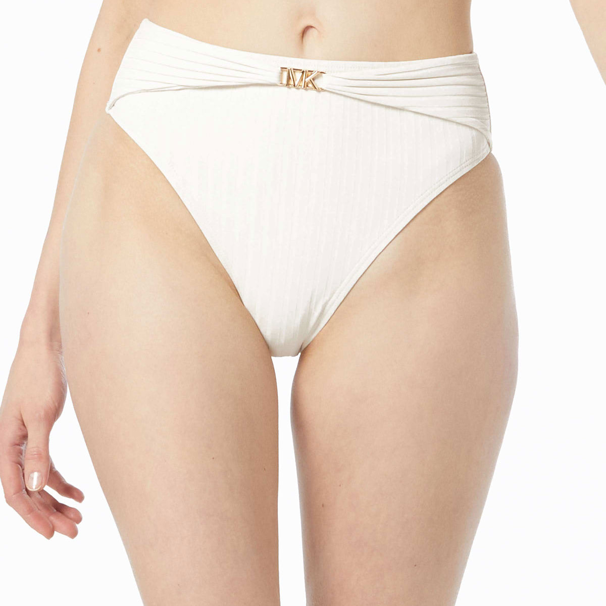 Michael Michael Kors: Solid Textured Ribbed High Leg Bikini Bottom - BONE