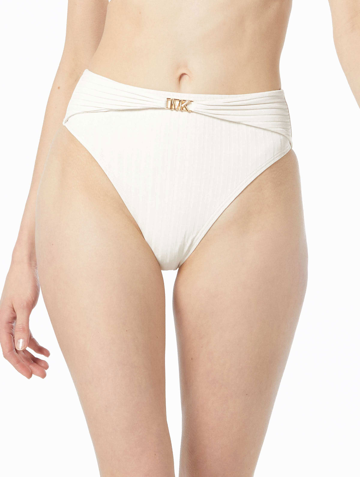 Michael Michael Kors: Solid Textured Ribbed High Leg Bikini Bottom - BONE