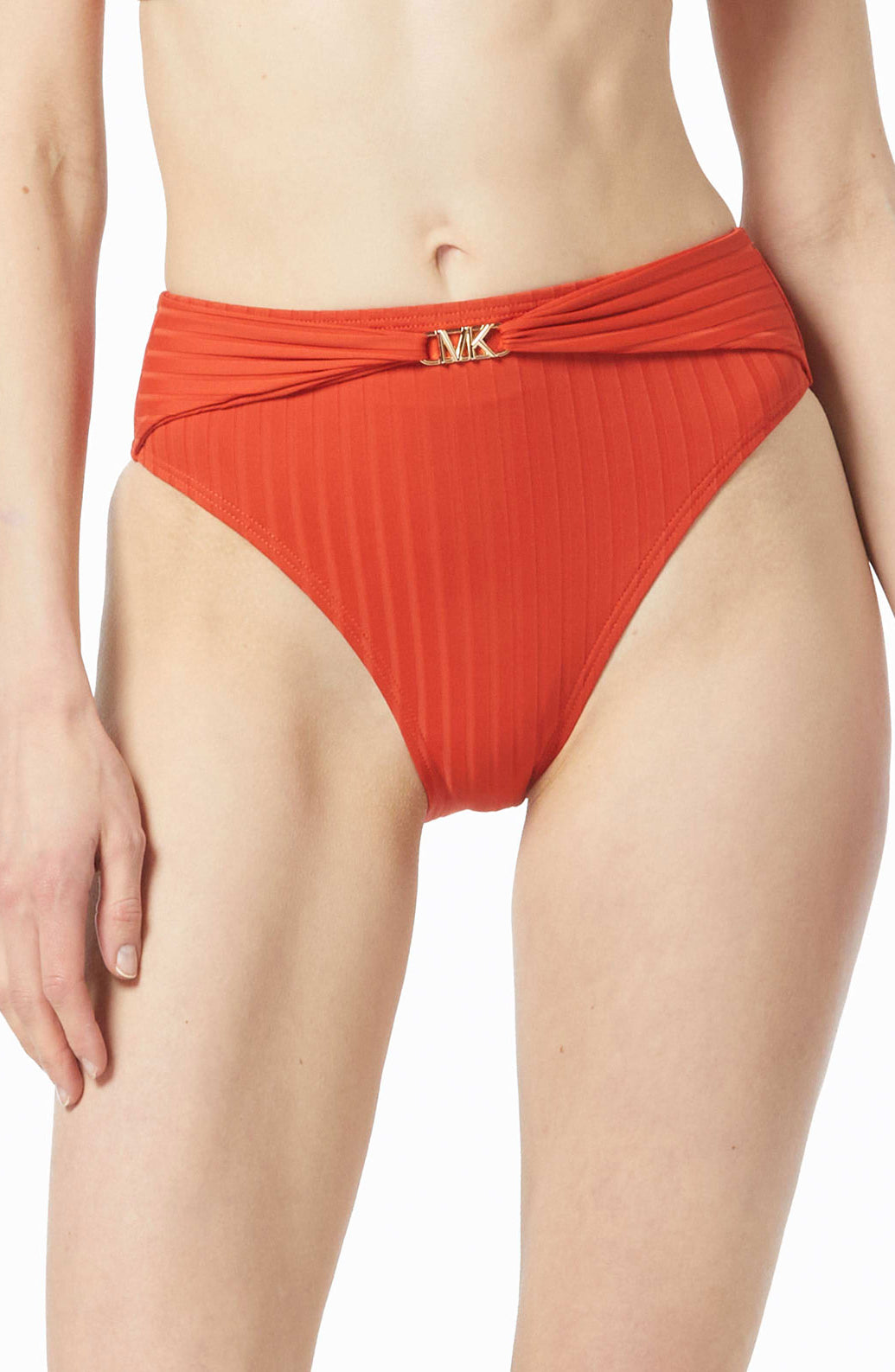 Michael Michael Kors: Solid Textured Ribbed High Leg Bikini Bottom - TERCOTTA