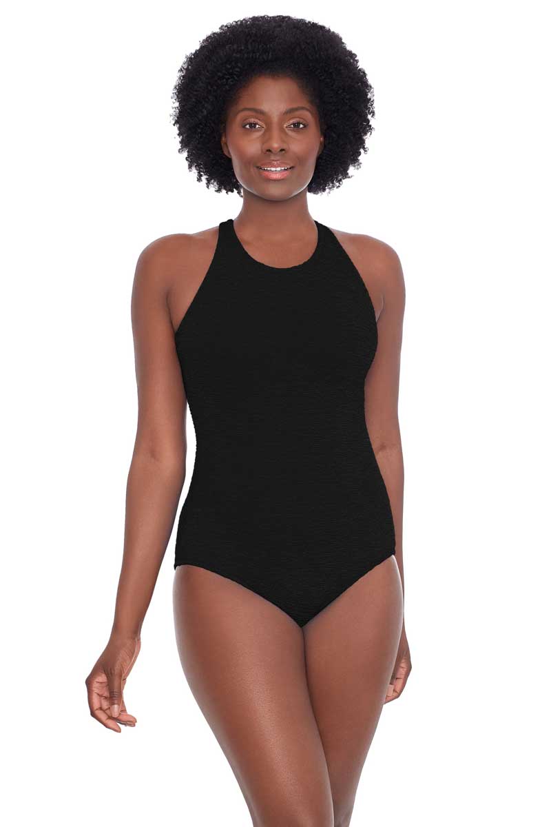 Pennbrooke: One Piece Krinkle Mastectomy High Neck Mio Swimsuit - BLACK