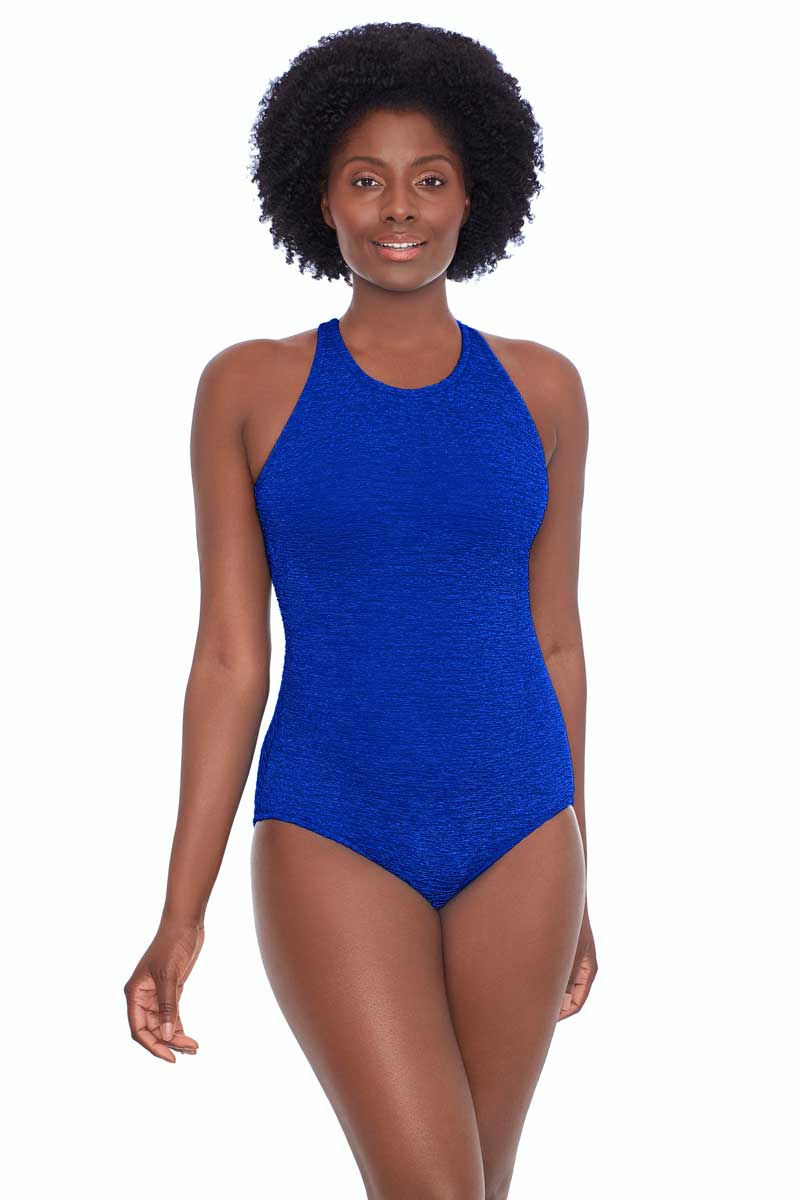 Pennbrooke: One Piece Krinkle Mastectomy High Neck Mio Swimsuit - ROYAL