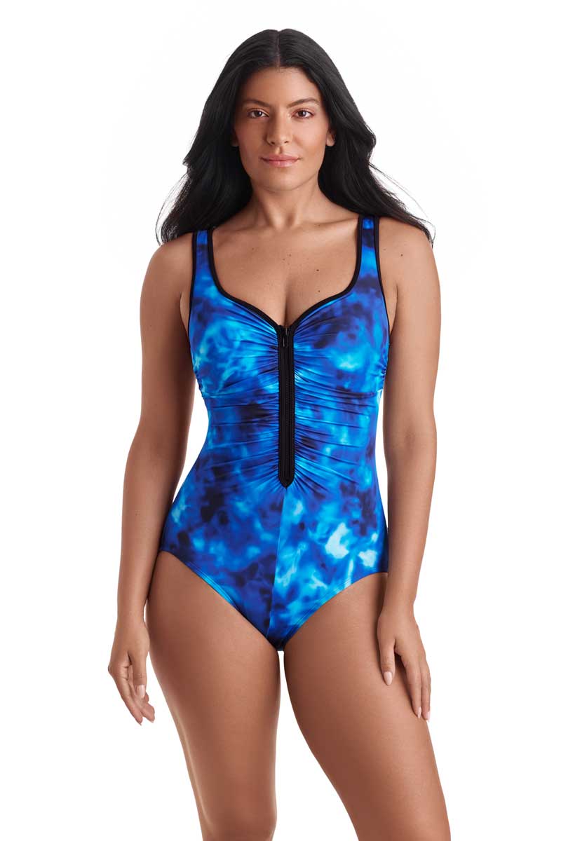ShapeSolver: One Piece Laguna Waters Shirred Zipper Tank Swimsuit