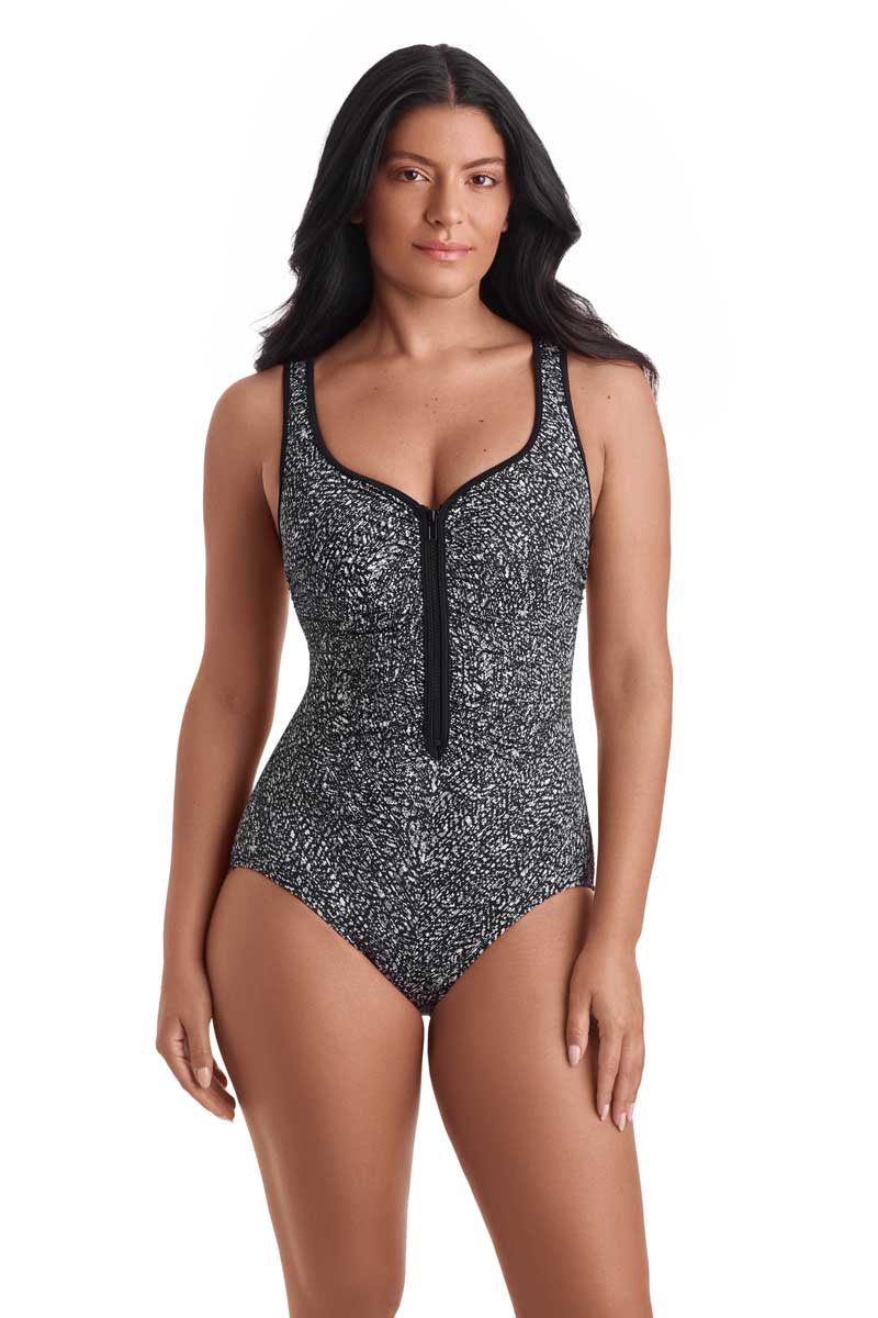 ShapeSolver; One Piece Pixel Twlght Shirred Zipper Tank Swimsuit