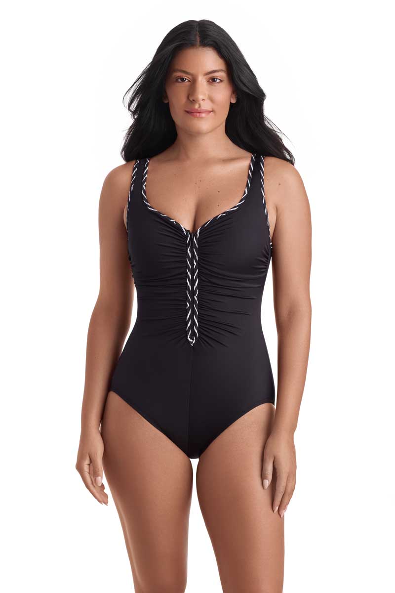 ShapeSolver Sport: One Piece In Graphic Detail Shirred Zipper Tank Swimsuit