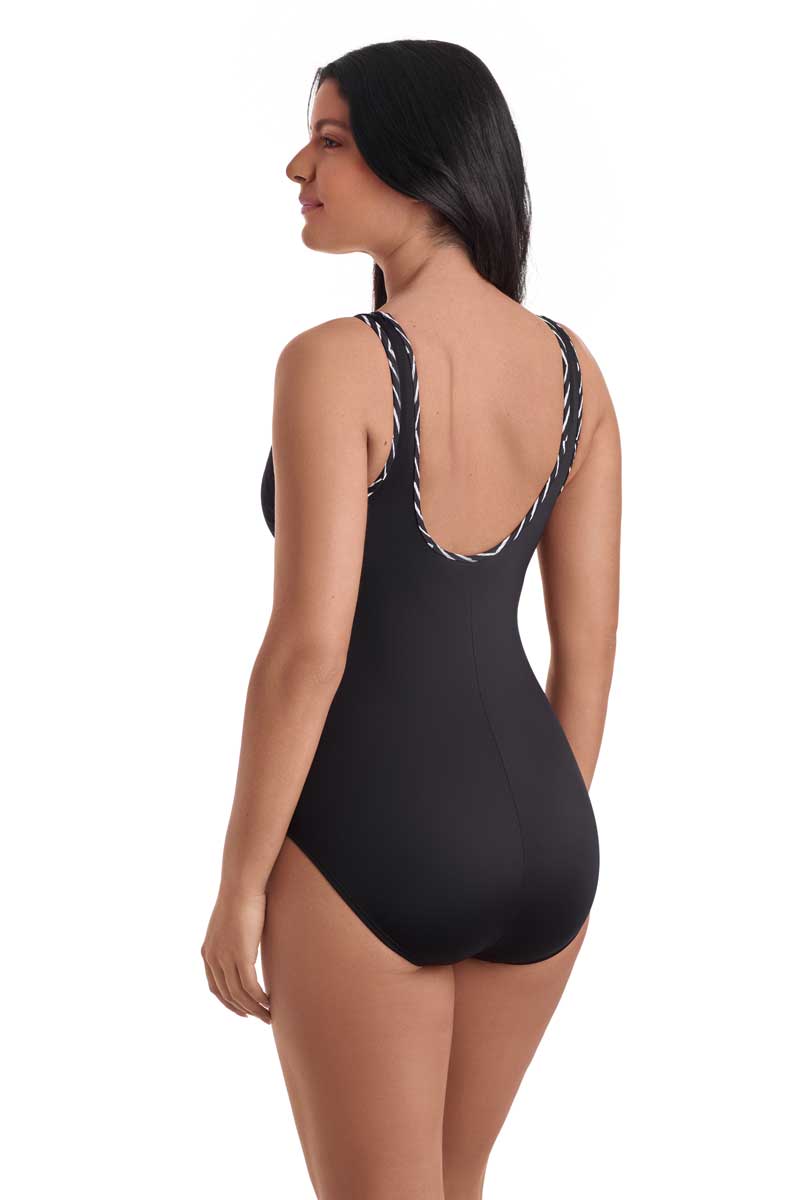 ShapeSolver Sport: One Piece In Graphic Detail Shirred Zipper Tank Swimsuit