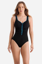 ShapeSolver Sport: One Piece Wildwaves Shirred Zipper Tank Swimsuit