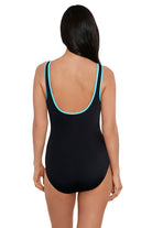Shapesolver Sport: One Piece Color Coated Zipper Tank Swimsuit - BLK/TURQ