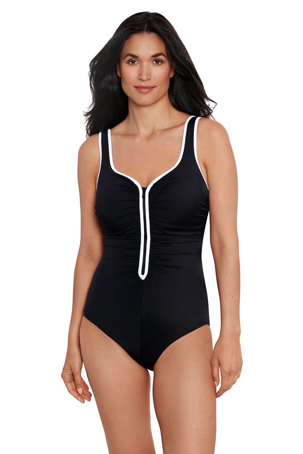 Shapesolver Sport: One Piece Color Coated Zipper Tank Swimsuit - BLACK/WHITE